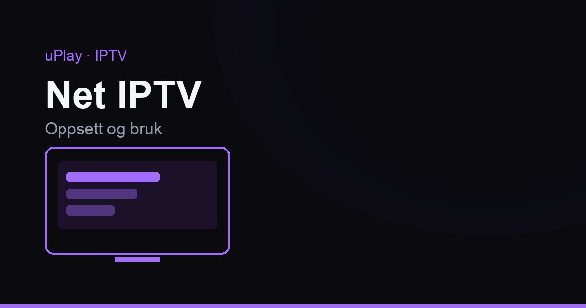 Smart TV på veggen der Net IPTV-appen viser kanalgrupper og TV-guide, med fjernkontroll i forgrunnen