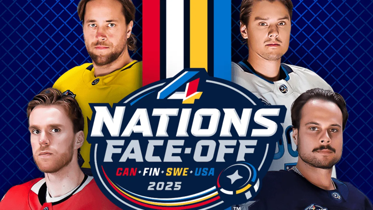 Logo for 4 Nations Face-Off 2025 med flaggene til Canada, USA, Sverige og Finland