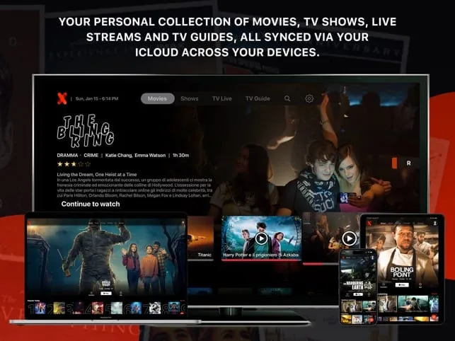 IPTVX-appen åpen på en skjerm med kanalliste, programguide og filmplakater