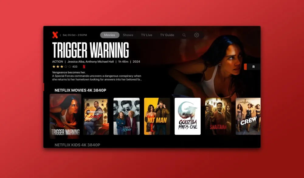 IPTVX-appen åpnet på en Apple TV med plakatvisning av kanaler, filmer og serier
