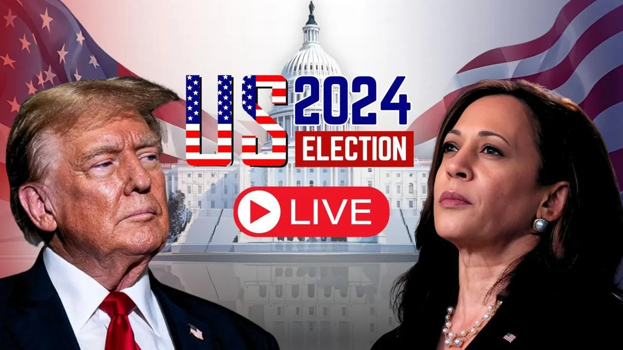 TV-skjerm med valgstudio og USA-kart under presidentvalget i USA i november 2024